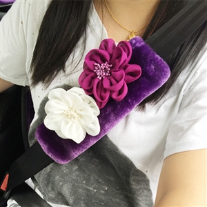 2pcs Flower Car Safety Seat Belt Covers Plush Shoulder Pads Auto Interior Accessories - Black