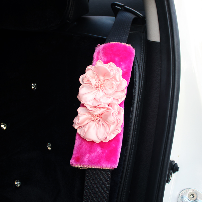 2pcs Flower Car Safety Seat Belt Covers Plush Shoulder Pads Auto Interior Accessories - Rose