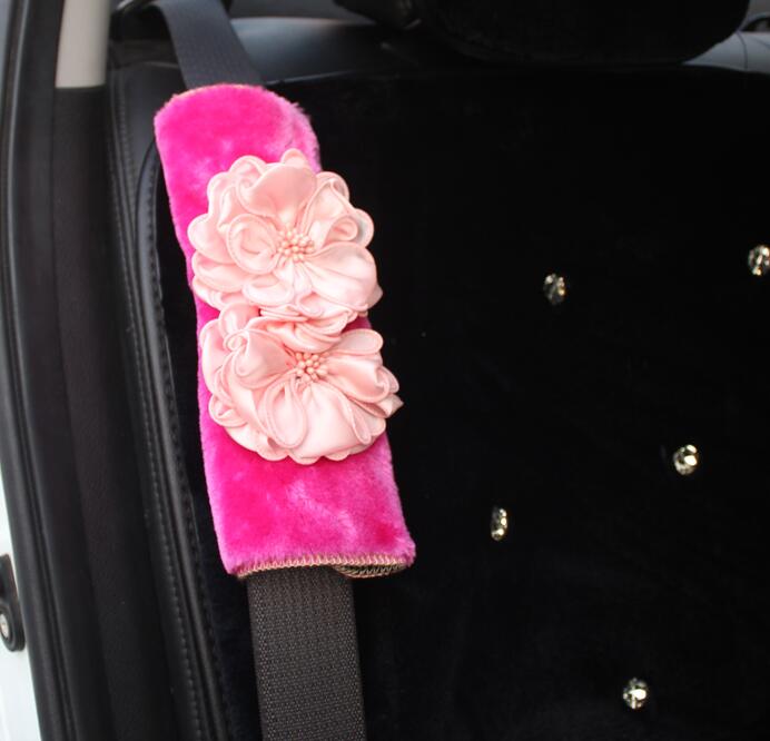 2pcs Flower Car Safety Seat Belt Covers Plush Shoulder Pads Auto Interior Accessories - Rose
