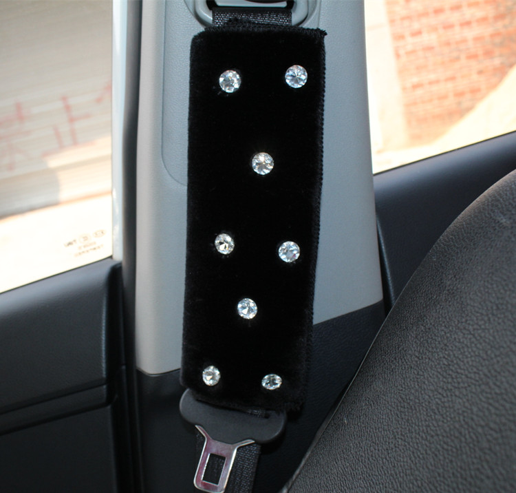 High Quality 2pcs Crystal Car Safety Seat Belt Covers Plush Shoulder Pads Auto Interior Decro - Black