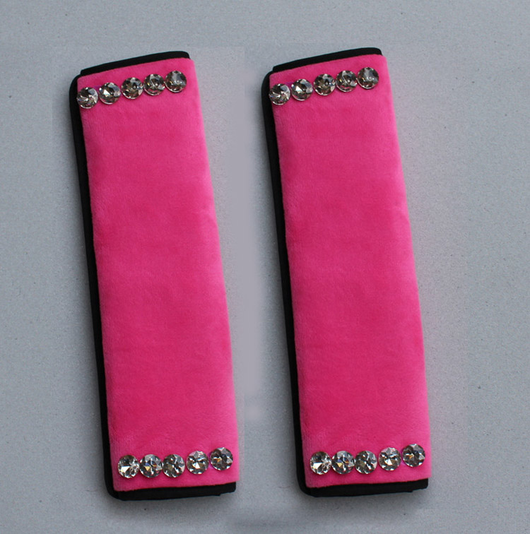 High Quality 2pcs Crystal Car Safety Seat Belt Covers Plush Shoulder Pads Auto Interior Decro - Rose