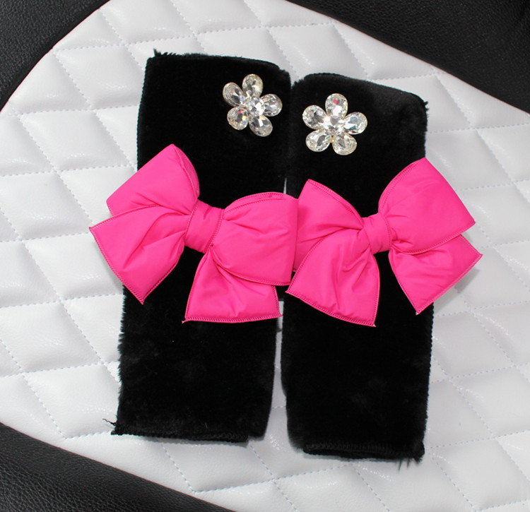 New 2pcs Bowknot Car Safety Seat Belt Covers Plush Shoulder Pads Auto Interior - Rose