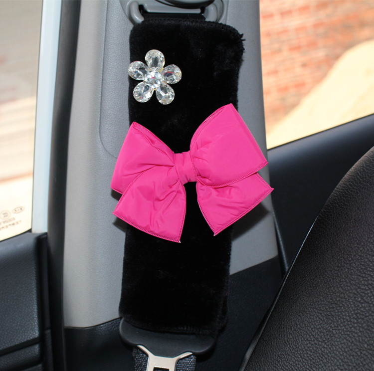 New 2pcs Bowknot Car Safety Seat Belt Covers Plush Shoulder Pads Auto Interior - Rose