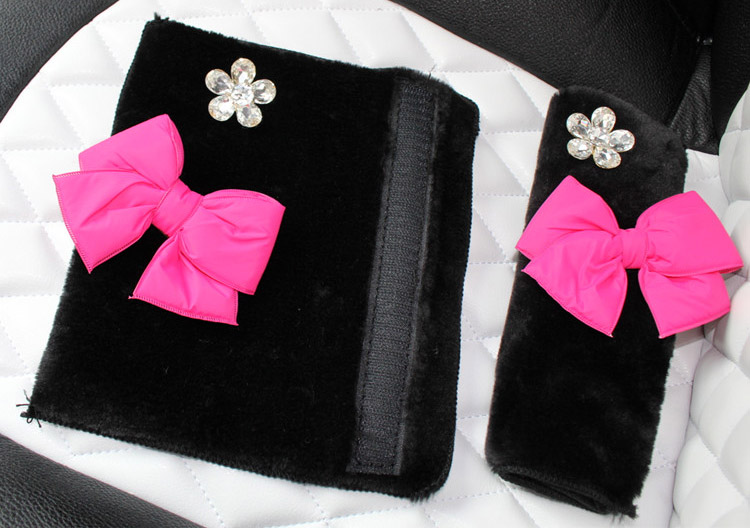 New 2pcs Bowknot Car Safety Seat Belt Covers Plush Shoulder Pads Auto Interior - Rose