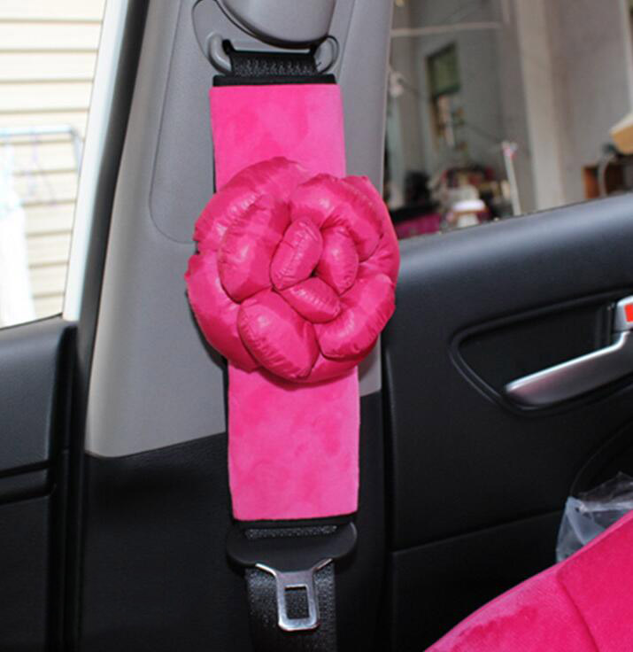 New 2pcs Camellia Car Safety Seat Belt Covers Plush Shoulder Pads Auto Interior - Rose