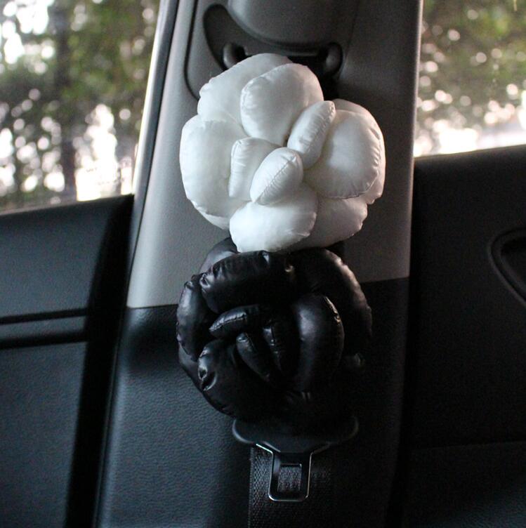 New 2pcs Camellia Flower Car Safety Seat Belt Covers Women Leather Shoulder Pads - Black White