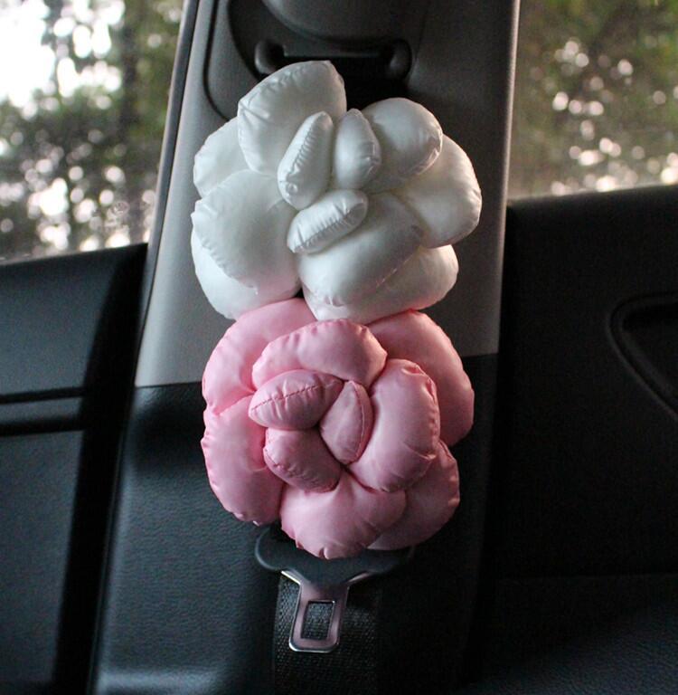 New 2pcs Camellia Flower Car Safety Seat Belt Covers Women Leather Shoulder Pads - Pink White