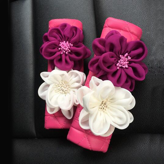 New 2pcs Flower Car Safety Seat Belt Covers Leather Shoulder Pads Auto Interior Accessories - Rose