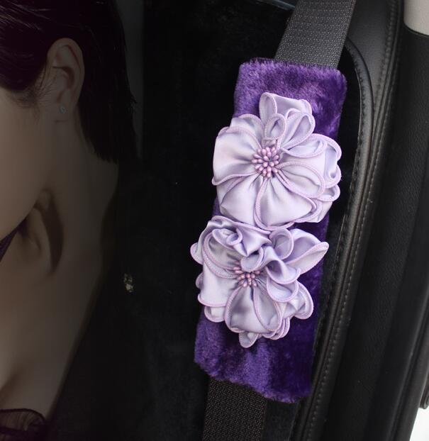 New 2pcs Flower Car Safety Seat Belt Covers Plush Shoulder Pads Auto Interior Accessories - Purple