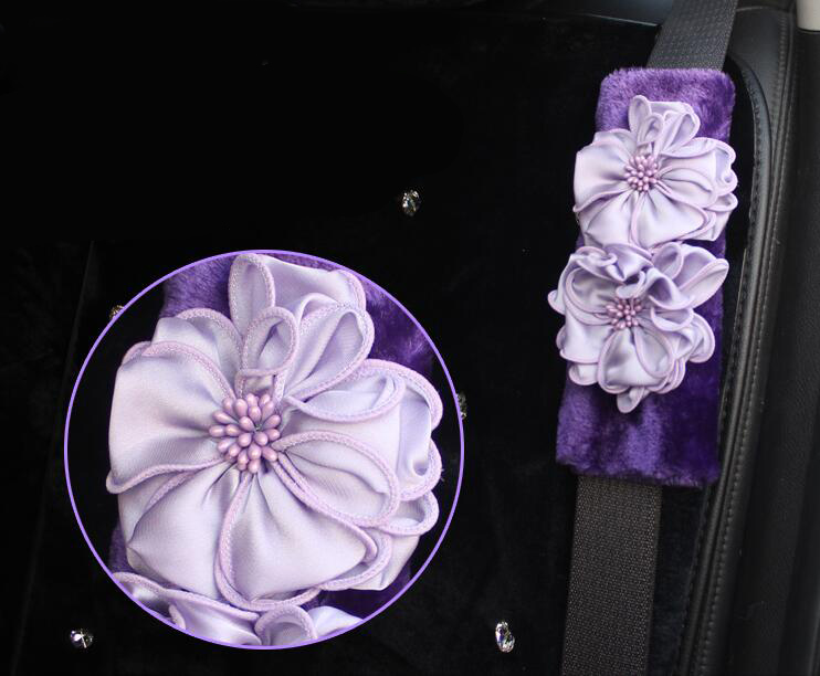 New 2pcs Flower Car Safety Seat Belt Covers Plush Shoulder Pads Auto Interior Accessories - Purple