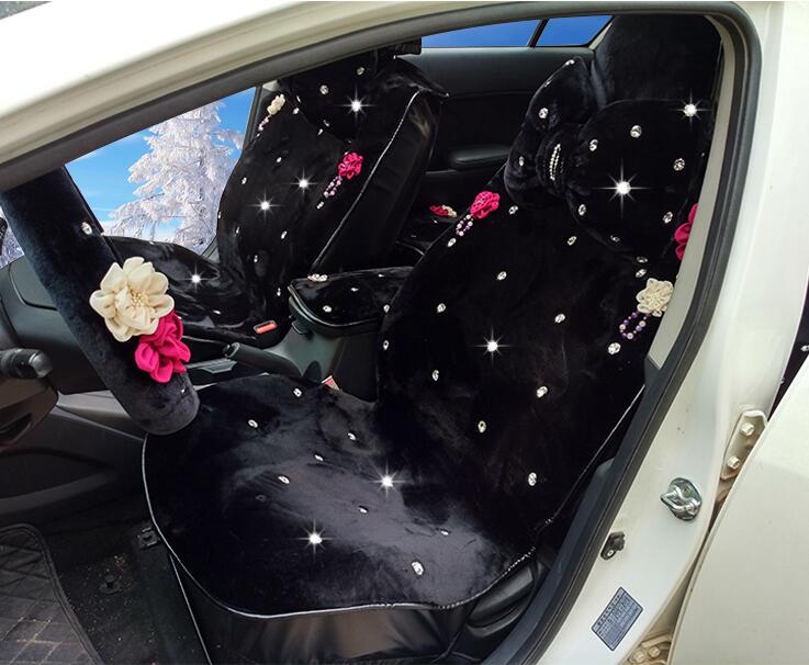 Top Crystals Plush Car Seat Cushion for Women Winter Universal Flower Covers 10pcs Sets - Black