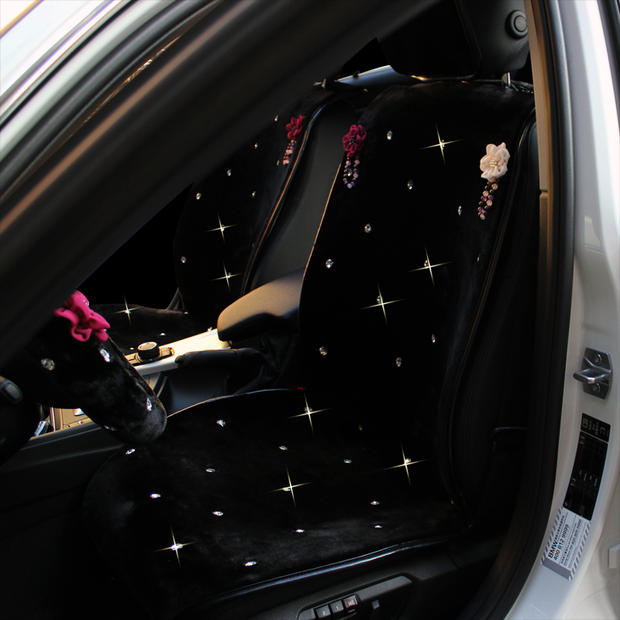 Top Crystals Plush Car Seat Cushion for Women Winter Universal Flower Covers 10pcs Sets - Black