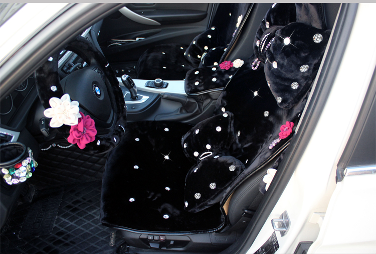 Top Crystals Plush Car Seat Cushion for Women Winter Universal Flower Covers 10pcs Sets - Black