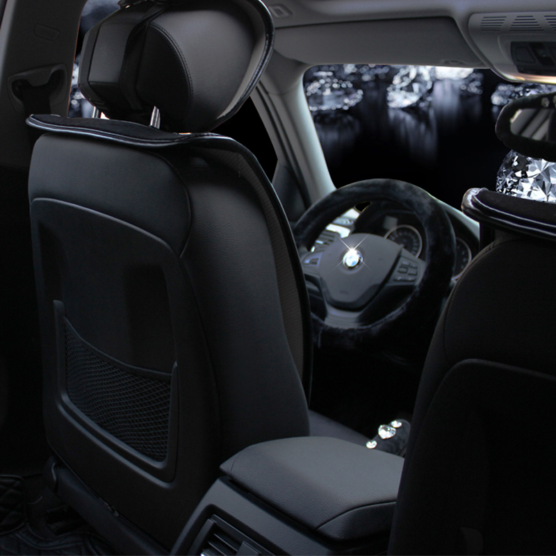 Top Crystals Plush Car Seat Cushion for Women Winter Universal Flower Covers 10pcs Sets - Black