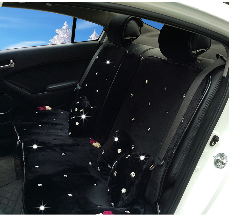 Top Crystals Plush Car Seat Cushion for Women Winter Universal Flower Covers 10pcs Sets - Black