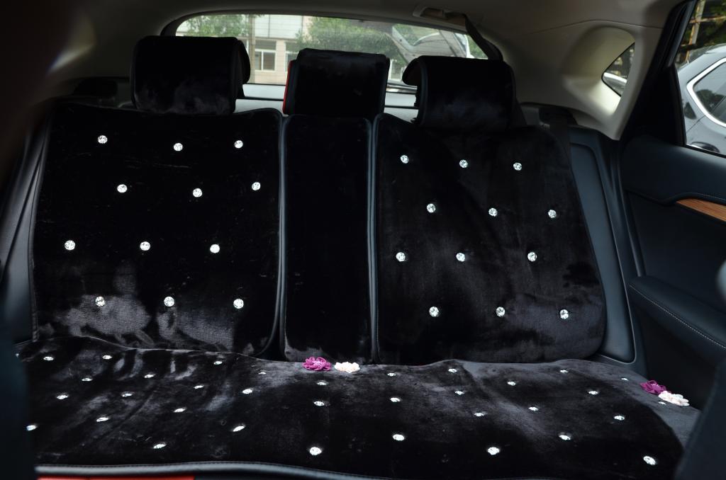 Top Crystals Plush Car Seat Cushion for Women Winter Universal Flower Covers 10pcs Sets - Black