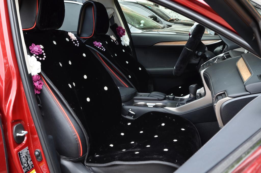 Top Crystals Plush Car Seat Cushion for Women Winter Universal Flower Covers 10pcs Sets - Black