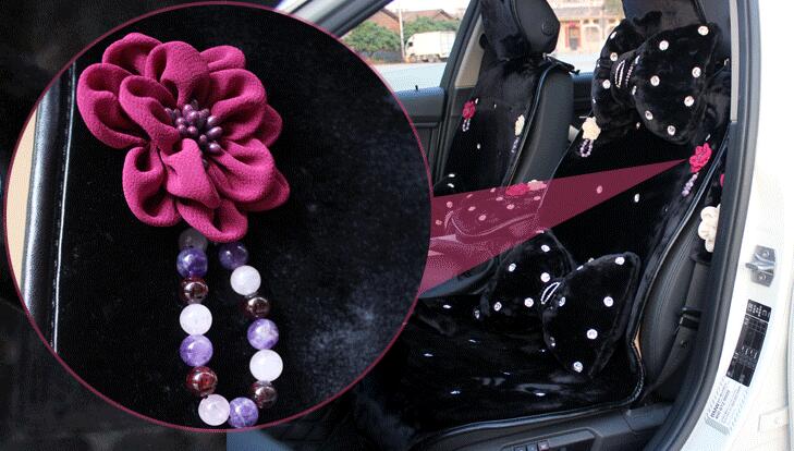 Top Crystals Plush Car Seat Cushion for Women Winter Universal Flower Covers 10pcs Sets - Black