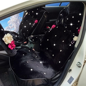 Top Crystals Plush Car Seat Cushion for Women Winter Universal Flower Covers 10pcs Sets - Black
