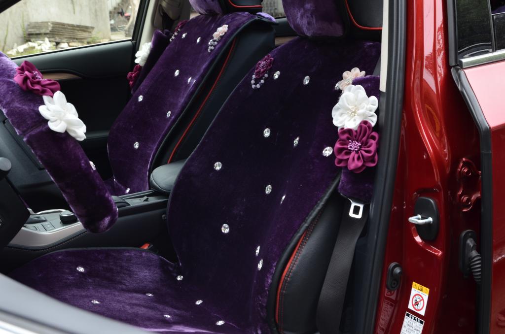 Top Crystals Plush Car Seat Cushion for Women Winter Universal Flower Covers 10pcs Sets - Purple