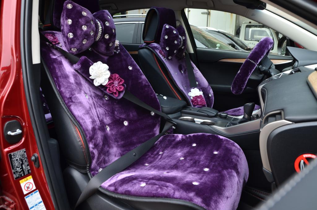 Top Crystals Plush Car Seat Cushion for Women Winter Universal Flower Covers 10pcs Sets - Purple