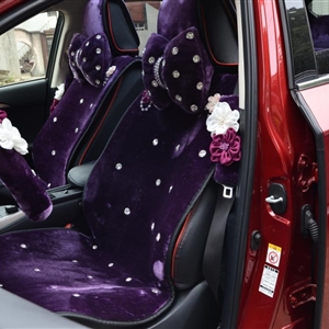 Top Crystals Plush Car Seat Cushion for Women Winter Universal Flower Covers 10pcs Sets - Purple