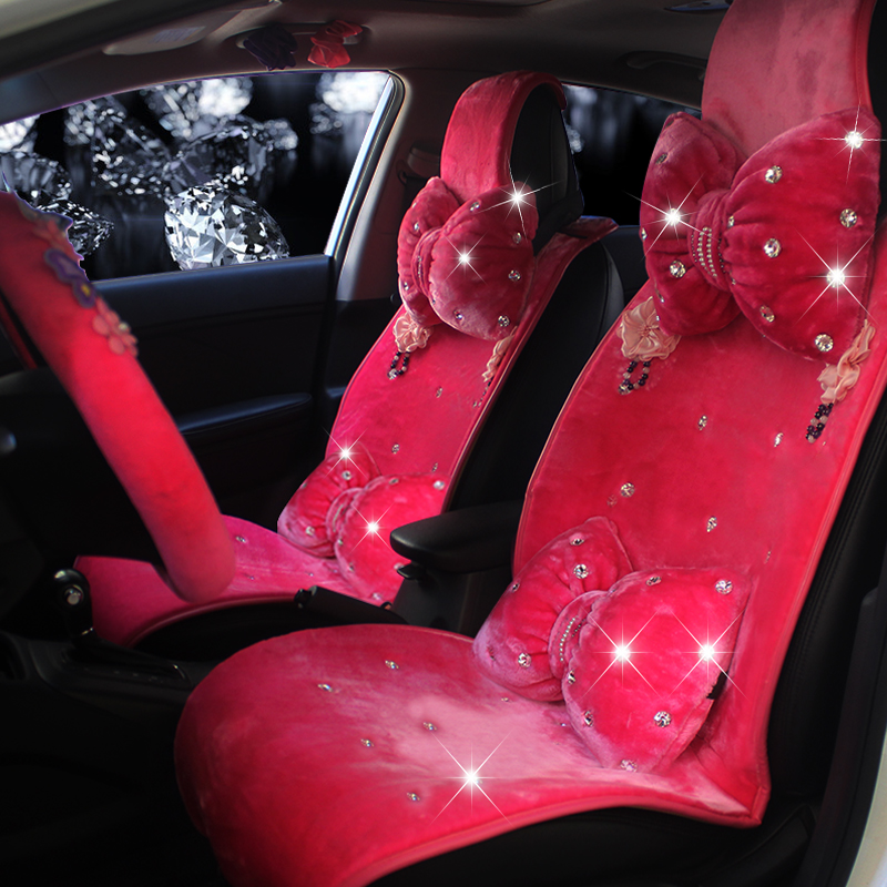 Top Crystals Plush Car Seat Cushion for Women Winter Universal Flower Covers 10pcs Sets - Rose