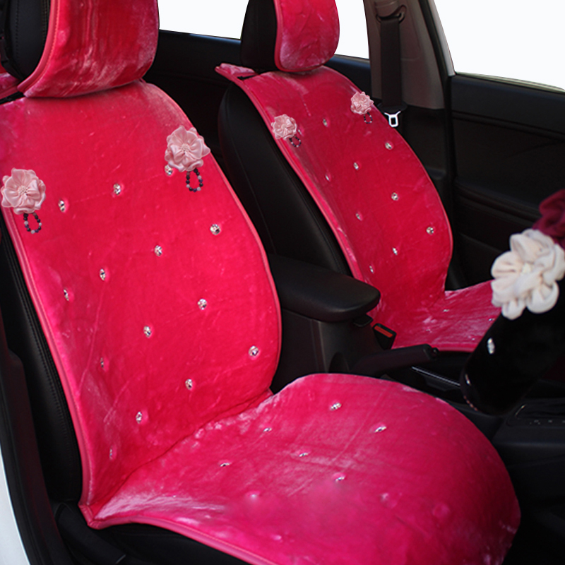 Top Crystals Plush Car Seat Cushion for Women Winter Universal Flower Covers 10pcs Sets - Rose