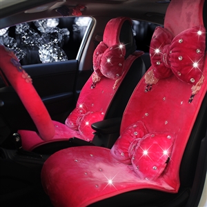 Top Crystals Plush Car Seat Cushion for Women Winter Universal Flower Covers 10pcs Sets - Rose