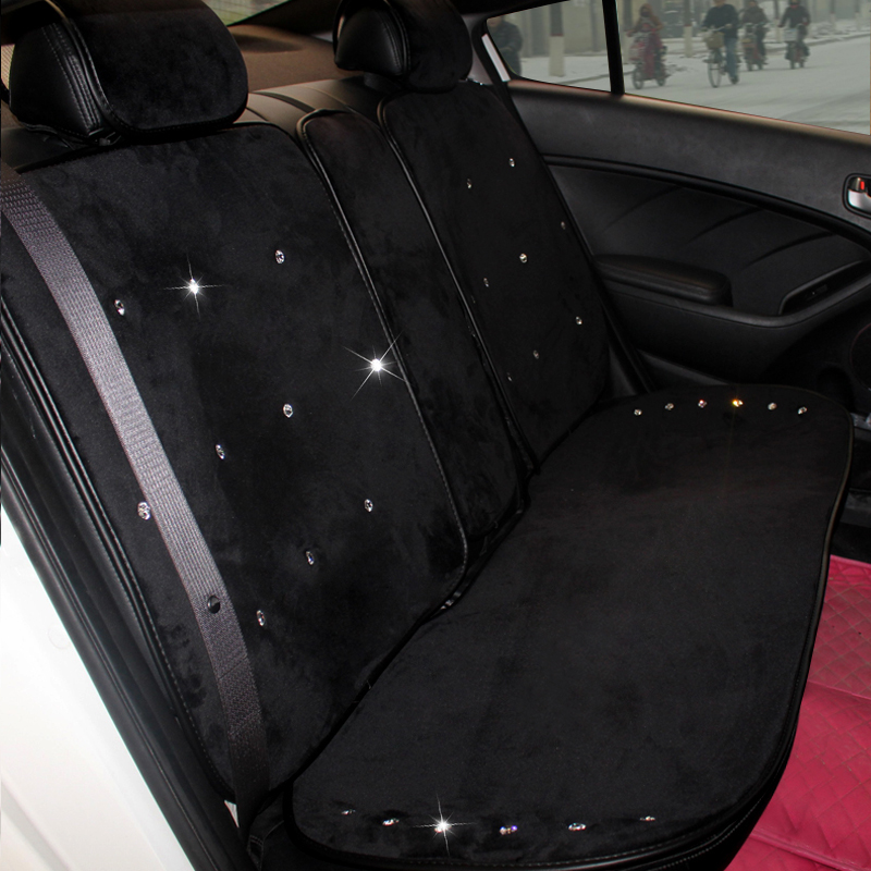 Top Crystals Plush Car Seat Cushion for Women Winter Universal Lace Covers 10pcs Sets - Black