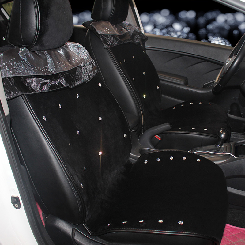 Top Crystals Plush Car Seat Cushion for Women Winter Universal Lace Covers 10pcs Sets - Black