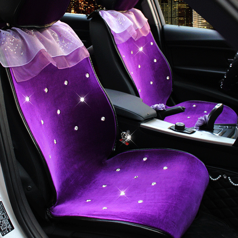 Top Crystals Plush Car Seat Cushion for Women Winter Universal Lace Covers 10pcs Sets - Purple
