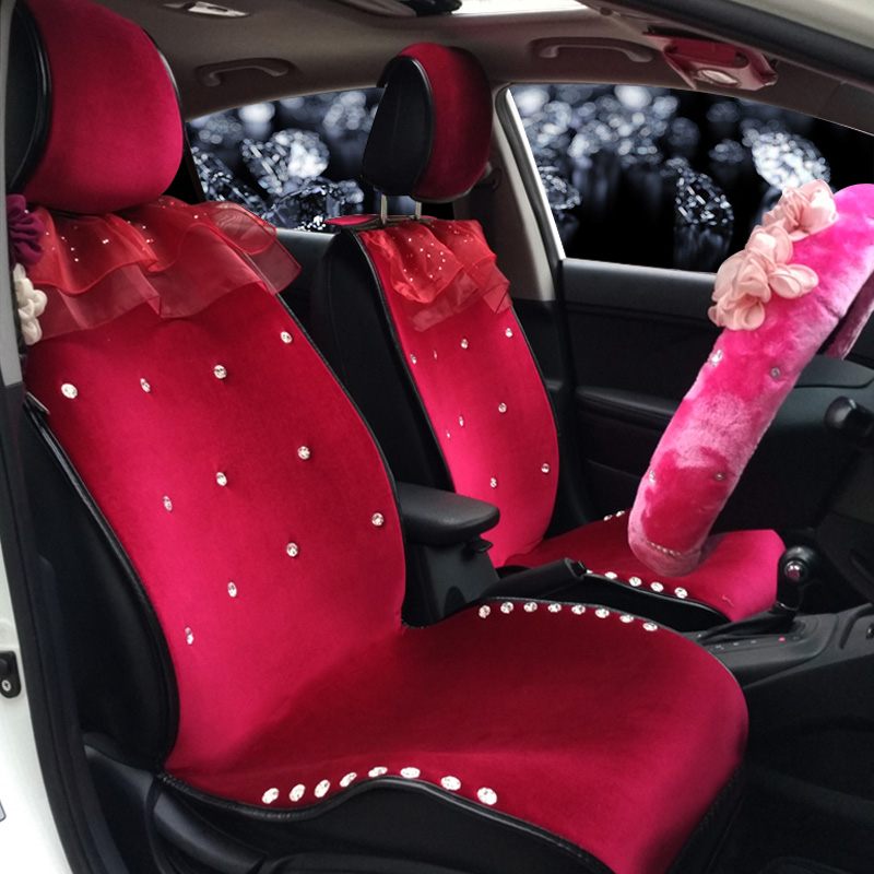 Top Crystals Plush Car Seat Cushion for Women Winter Universal Lace Covers 10pcs Sets - Red