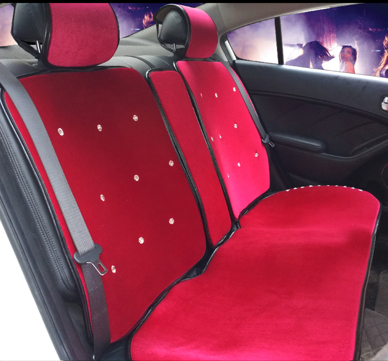 Top Crystals Plush Car Seat Cushion for Women Winter Universal Lace Covers 10pcs Sets - Red