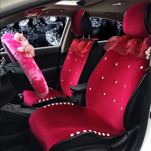 Top Crystals Plush Car Seat Cushion for Women Winter Universal Lace Covers 10pcs Sets - Red