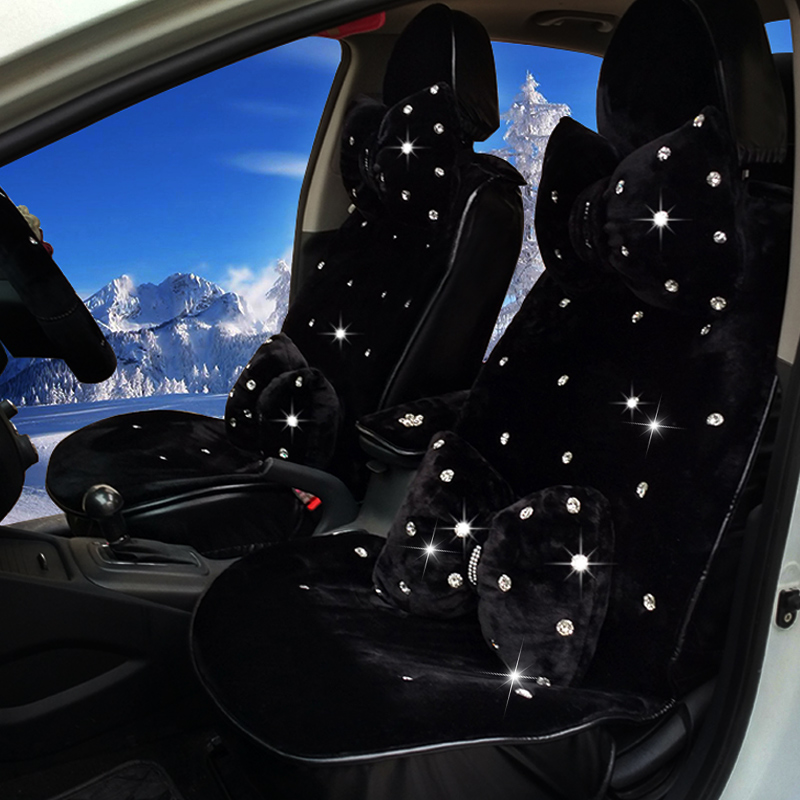 Top Crystals Plush Car Seat Cushion for Women Winter Universal Package Covers 10pcs Sets - Black