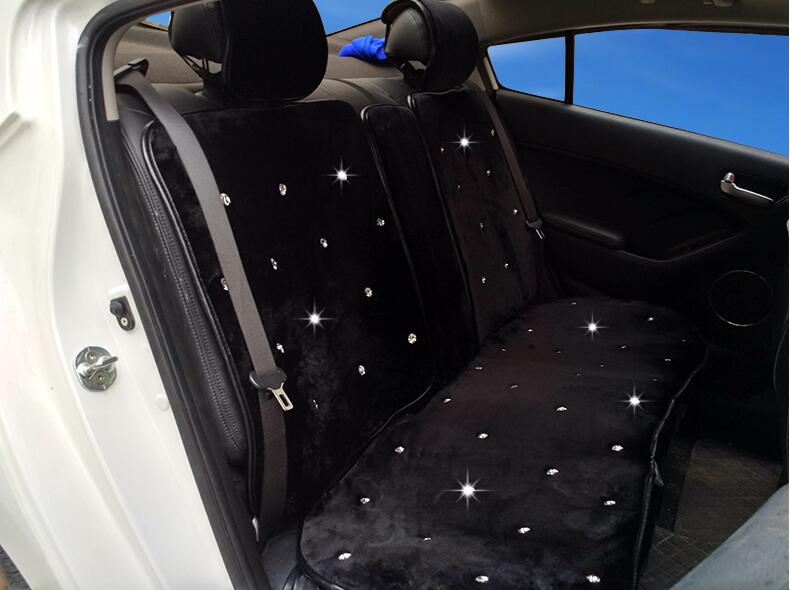 Top Crystals Plush Car Seat Cushion for Women Winter Universal Package Covers 10pcs Sets - Black