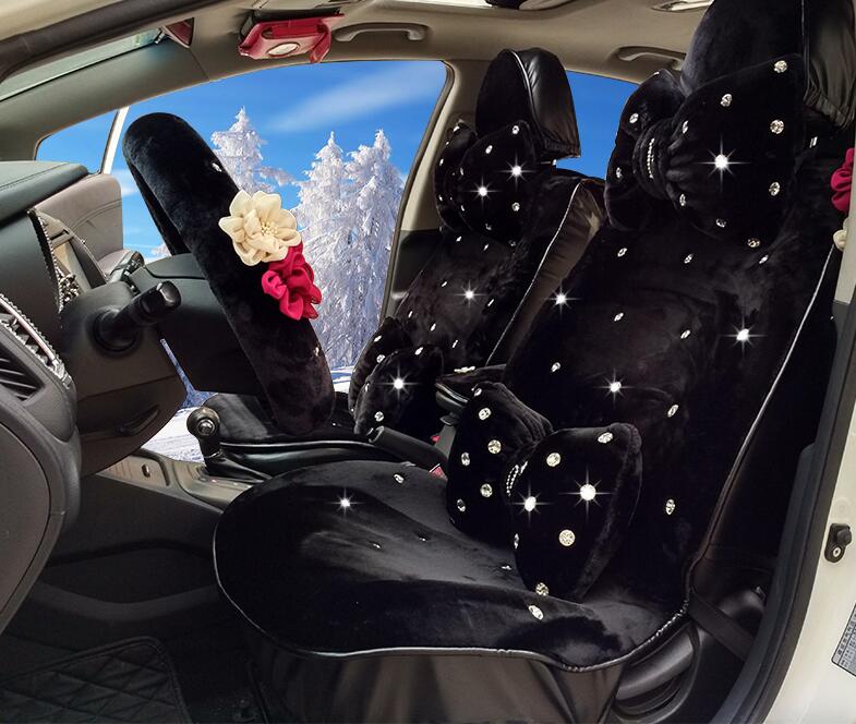 Top Crystals Plush Car Seat Cushion for Women Winter Universal Package Covers 10pcs Sets - Black