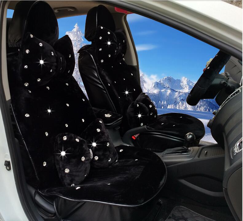 Top Crystals Plush Car Seat Cushion for Women Winter Universal Package Covers 10pcs Sets - Black