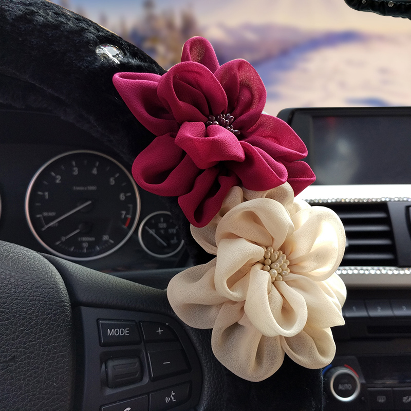 Top Crytsal Plush Car Steering Wheel Covers Pearl Flower for Women 15 inch 38CM - Black