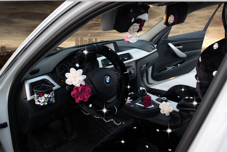 Top Crytsal Plush Car Steering Wheel Covers Pearl Flower for Women 15 inch 38CM - Black