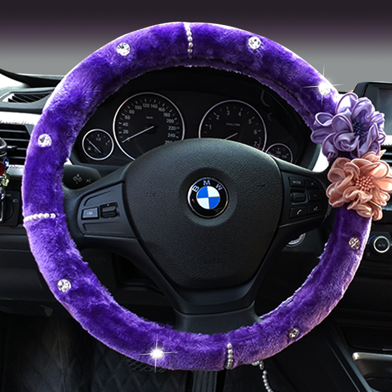 Top Crytsal Plush Car Steering Wheel Covers Pearl Flower for Women 15 inch 38CM - Purple