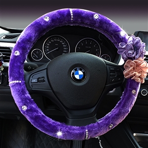 Top Crytsal Plush Car Steering Wheel Covers Pearl Flower for Women 15 inch 38CM - Purple