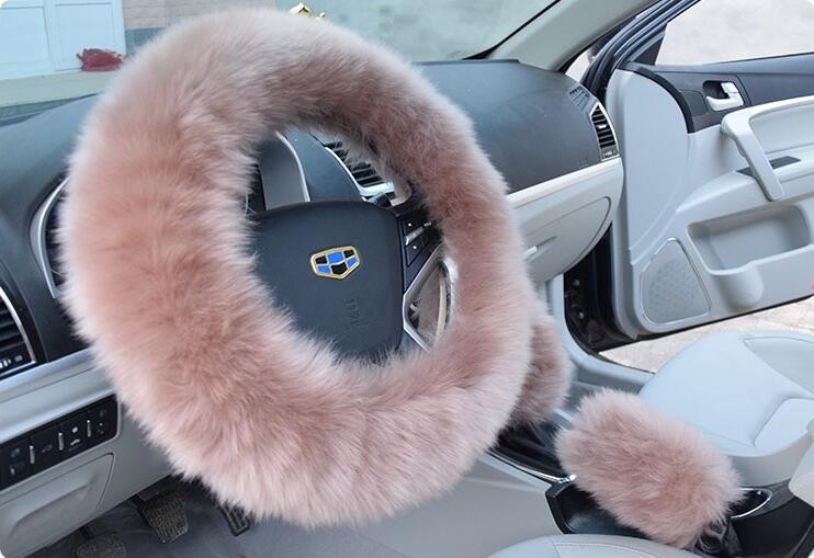 3pcs sets Winter Long Australian Wool Heated Fur Car Steering Wheel Handbrake Gear Shifter Cover - Camel