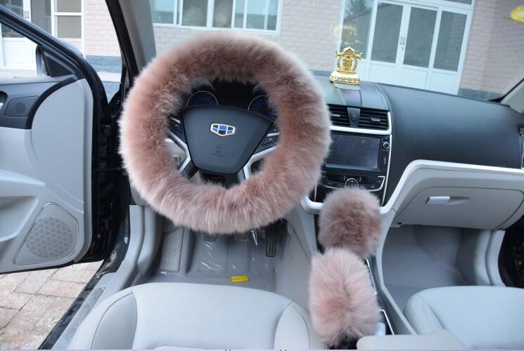 3pcs sets Winter Long Australian Wool Heated Fur Car Steering Wheel Handbrake Gear Shifter Cover - Camel