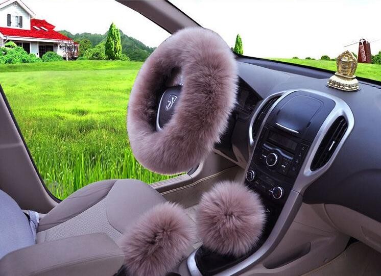 3pcs sets Winter Long Australian Wool Heated Fur Car Steering Wheel Handbrake Gear Shifter Cover - Camel