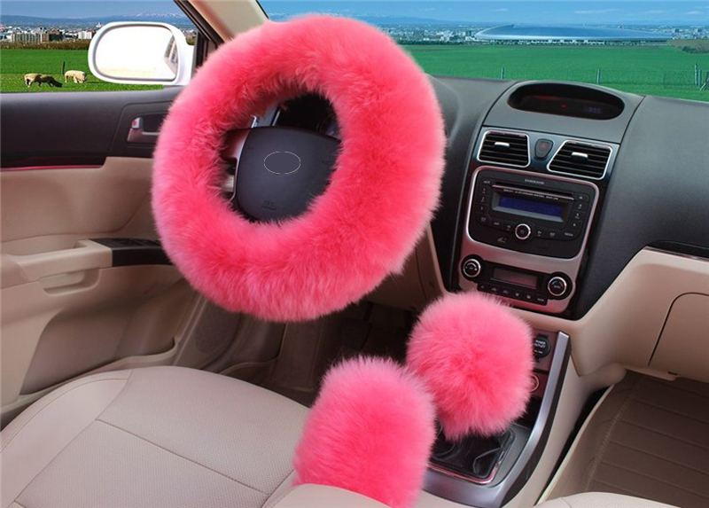 3pcs sets Winter Long Australian Wool Heated Fur Car Steering Wheel Handbrake Gear Shifter Cover - Pink