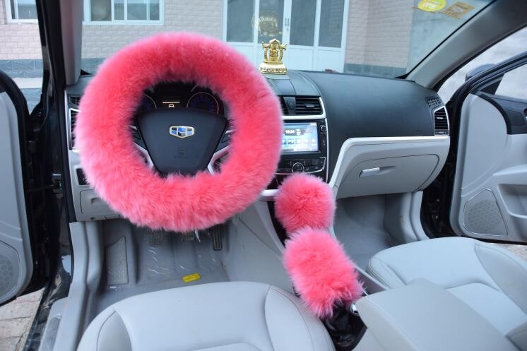 3pcs sets Winter Long Australian Wool Heated Fur Car Steering Wheel Handbrake Gear Shifter Cover - Pink