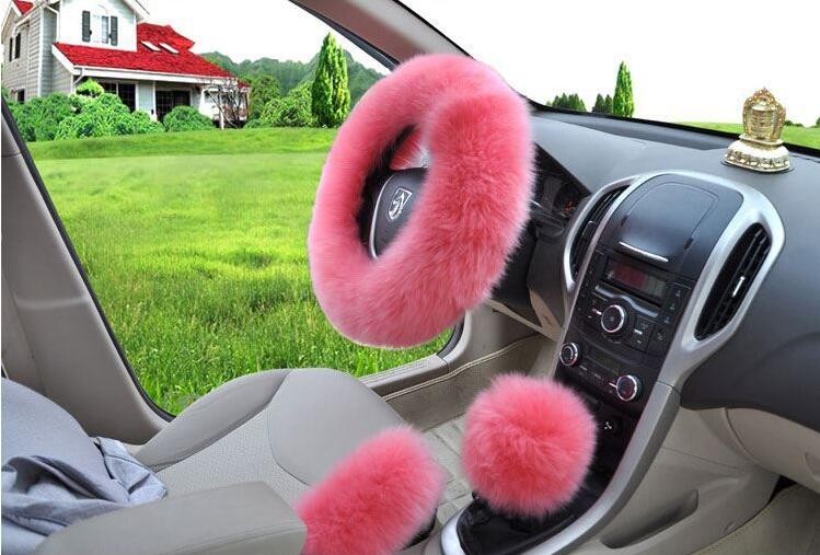 3pcs sets Winter Long Australian Wool Heated Fur Car Steering Wheel Handbrake Gear Shifter Cover - Pink