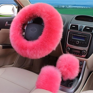 3pcs sets Winter Long Australian Wool Heated Fur Car Steering Wheel Handbrake Gear Shifter Cover - Pink